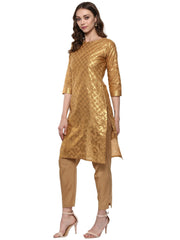 Short Beige Cotton Blend Kurta With Metallic Gold Chevron Print-AHKUCOFP-618