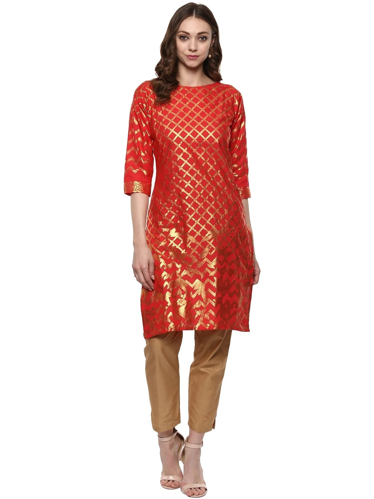 Red Cotton Blend Indian Kurta with Gold Print for Women