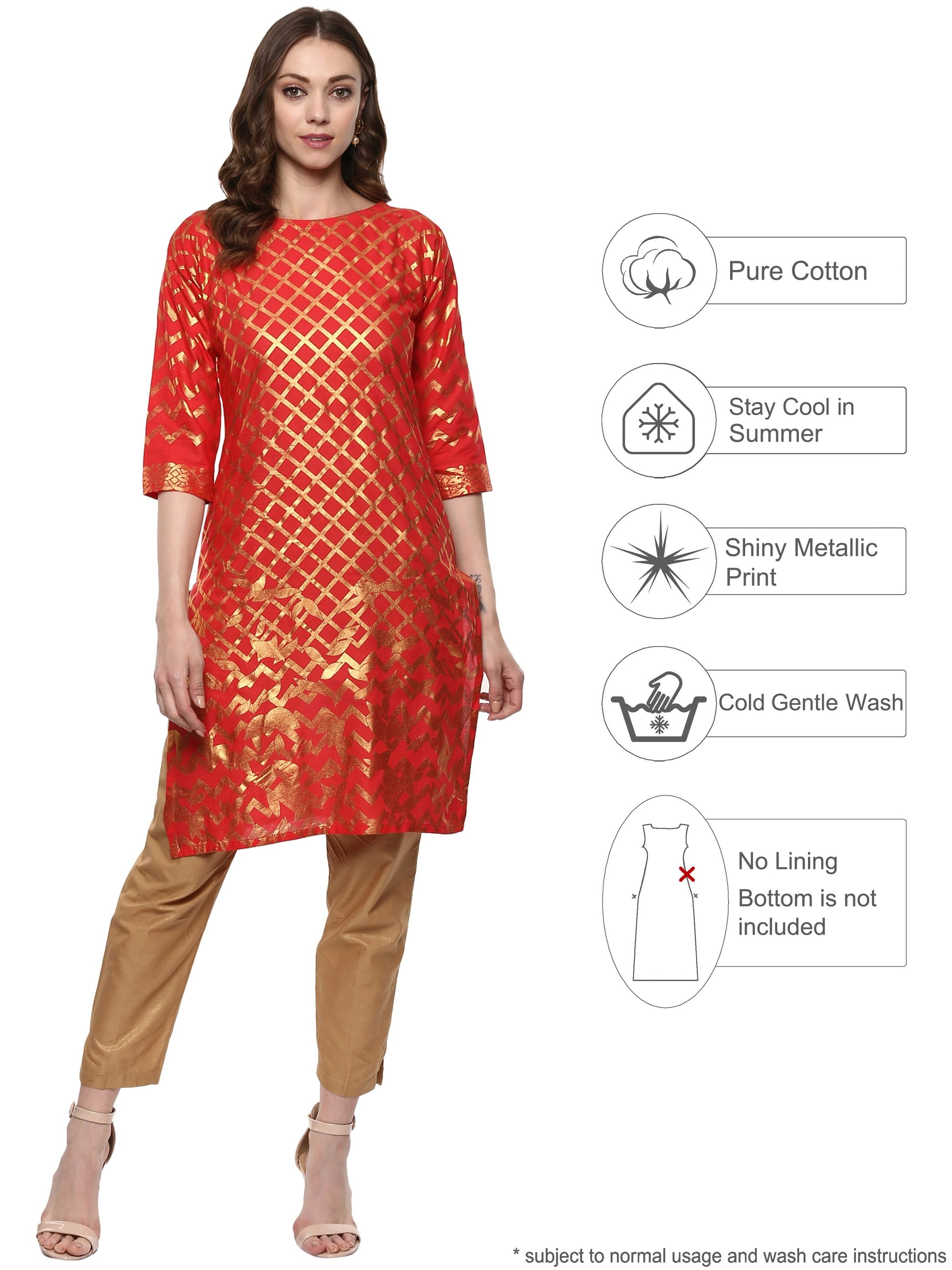 Red Cotton Blend Indian Kurta with Gold Print for Women