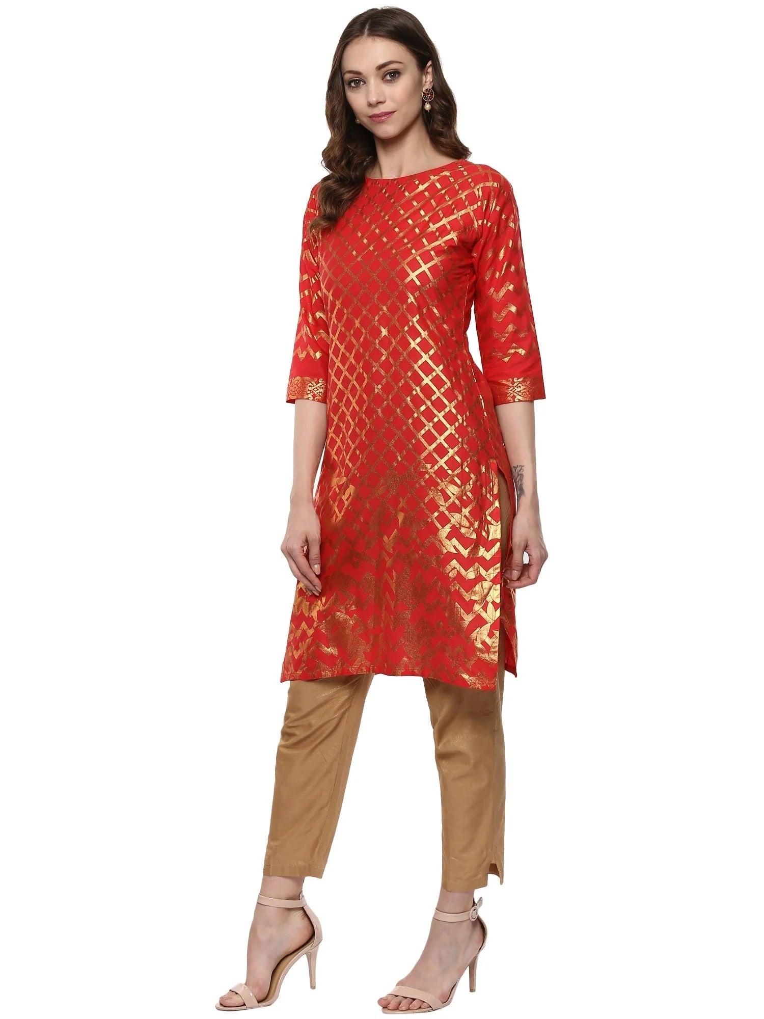 Red Cotton Blend Indian Kurta with Gold Print for Women