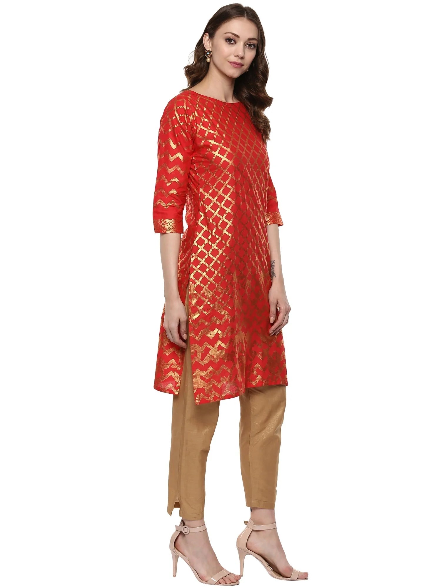Red Cotton Blend Indian Kurta with Gold Print for Women