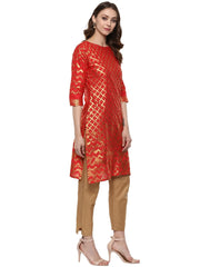 Fiery Red Cotton Blend Kurta with Metallic Gold Print-AHKUCOFP-619