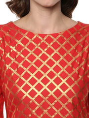 Fiery Red Cotton Blend Kurta with Metallic Gold Print-AHKUCOFP-619