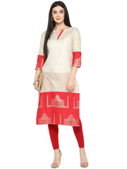 Off White & Red Metallic Printed Straight Cotton Blend Kurta-AHKUCOFP-642