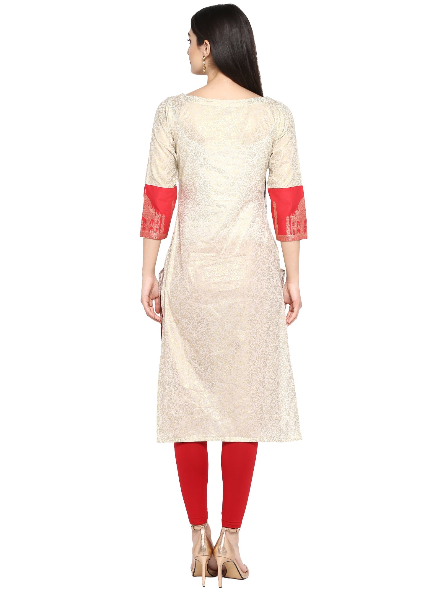 Metallic Print Indian Kurta Ladies | Off White & Red Kurti