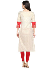 Off White & Red Metallic Printed Straight Cotton Blend Kurta-AHKUCOFP-642