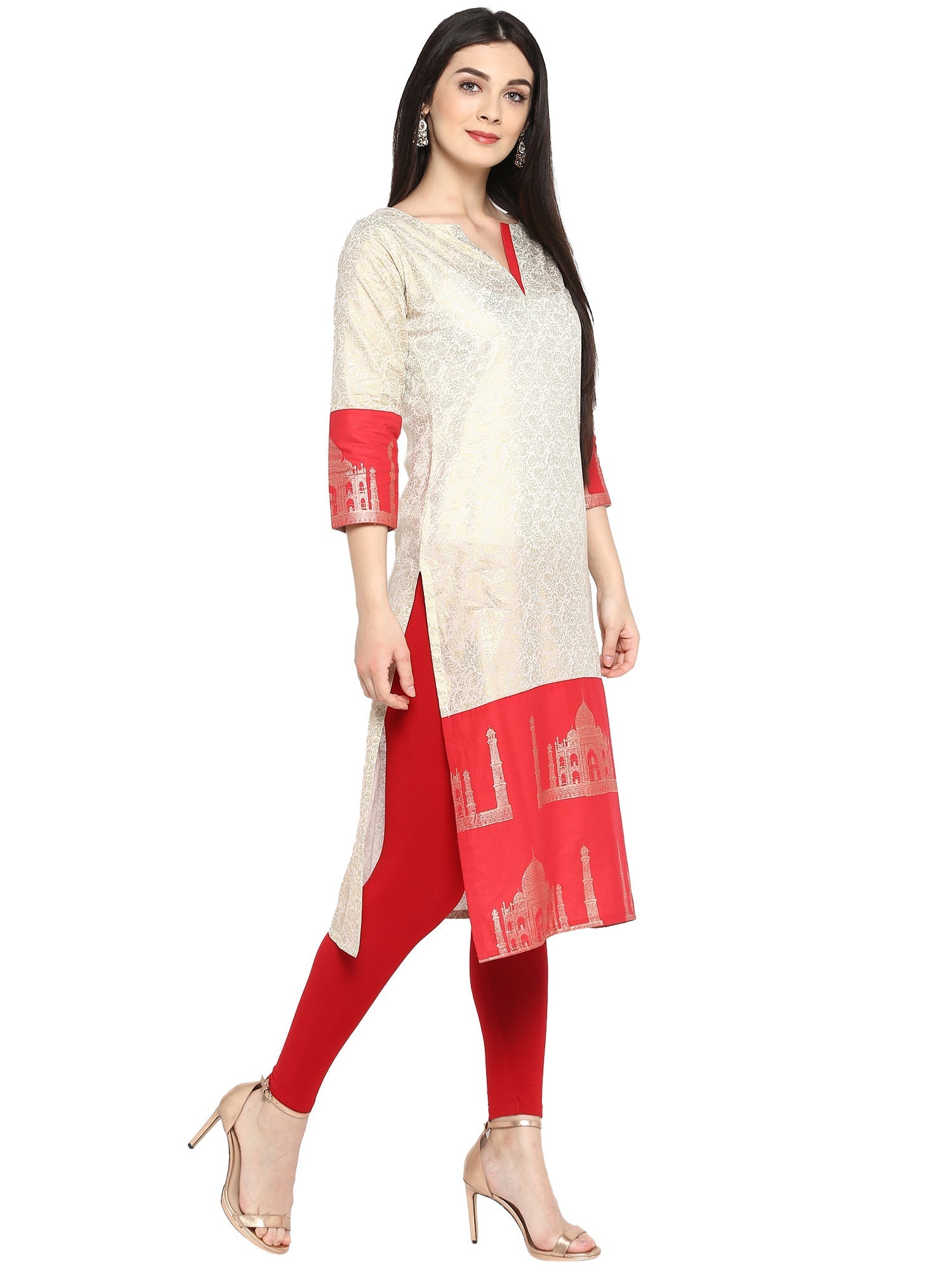 Metallic Print Indian Kurta Ladies | Off White & Red Kurti