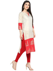 Off White & Red Metallic Printed Straight Cotton Blend Kurta-AHKUCOFP-642