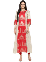 Off White & Red Kurta with Taj Mahal Print and Brocade Look-AHKUCOFP-644