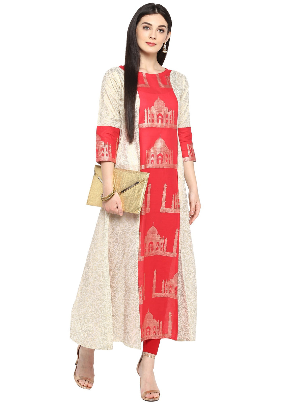 Off White & Red Kurta with Taj Mahal Print and Brocade Look-AHKUCOFP-644