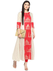 Off White & Red Kurta with Taj Mahal Print and Brocade Look-AHKUCOFP-644
