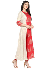 Off White & Red Kurta with Taj Mahal Print and Brocade Look-AHKUCOFP-644
