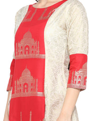 Off White & Red Kurta with Taj Mahal Print and Brocade Look-AHKUCOFP-644