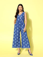 Blue Printed Cotton Waist Tie-Ups Pure Cotton Jumpsuit-AHKUCOKHGL-57