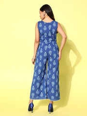 Blue Printed Cotton Waist Tie-Ups Pure Cotton Jumpsuit-AHKUCOKHGL-57