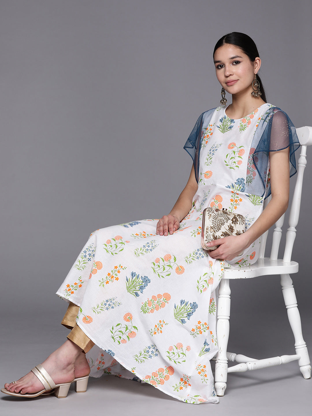 Blue & White Printed Cotton Indian Kurta - A-Line Style