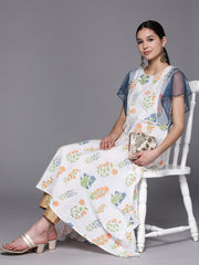 White & Blue Printed A-Line Pure Cotton Kurta-AHKUCOPG-836