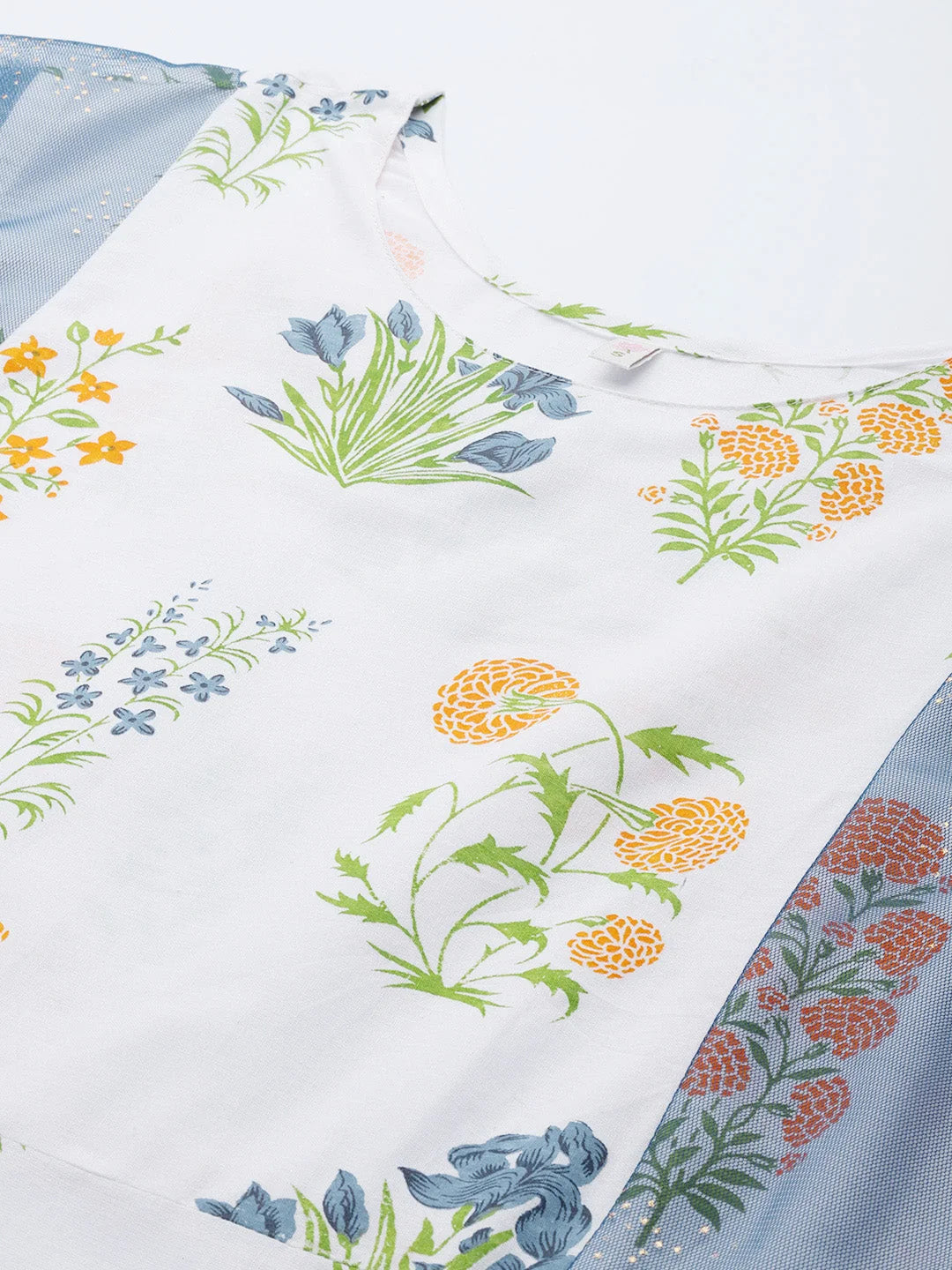 Blue & White Printed Cotton Indian Kurta - A-Line Style