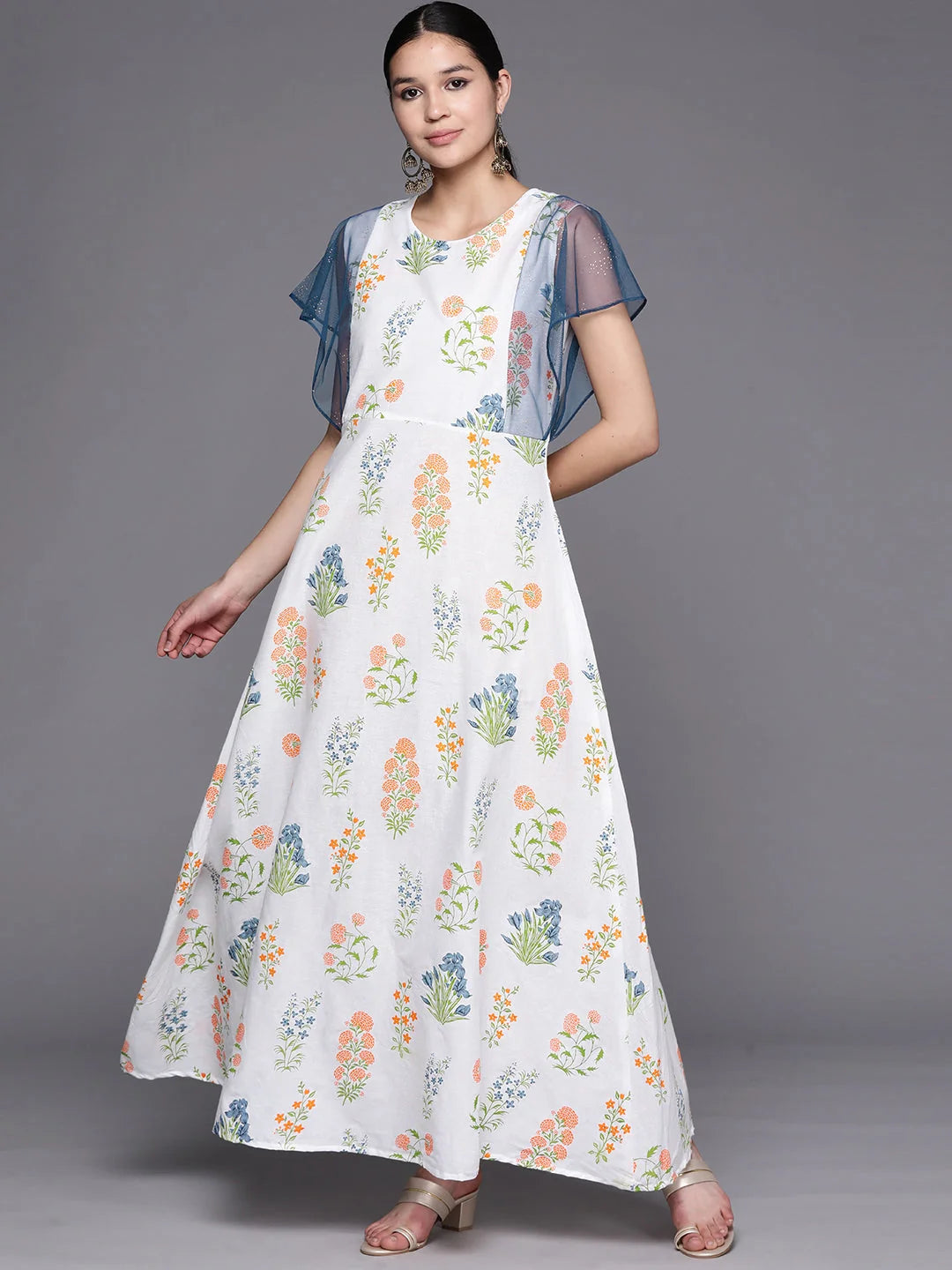 Blue & White Printed Cotton Indian Kurta - A-Line Style