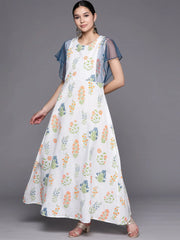 White & Blue Printed A-Line Pure Cotton Kurta-AHKUCOPG-836