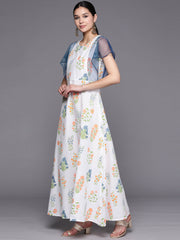 White & Blue Printed A-Line Pure Cotton Kurta-AHKUCOPG-836