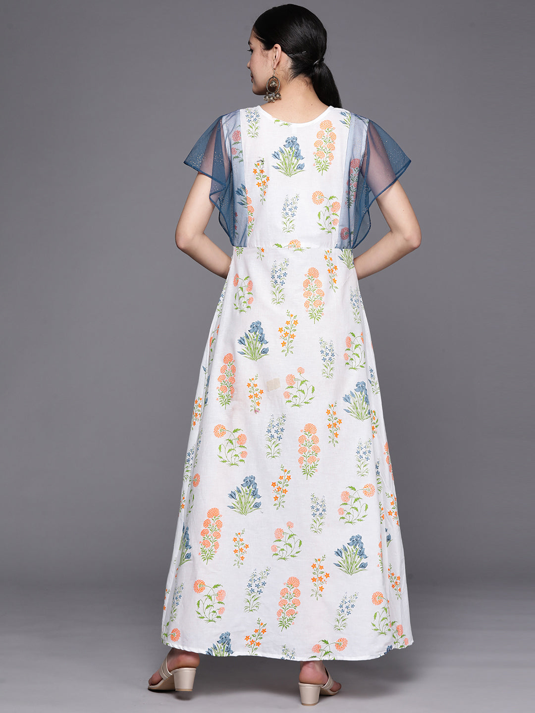 Blue & White Printed Cotton Indian Kurta - A-Line Style