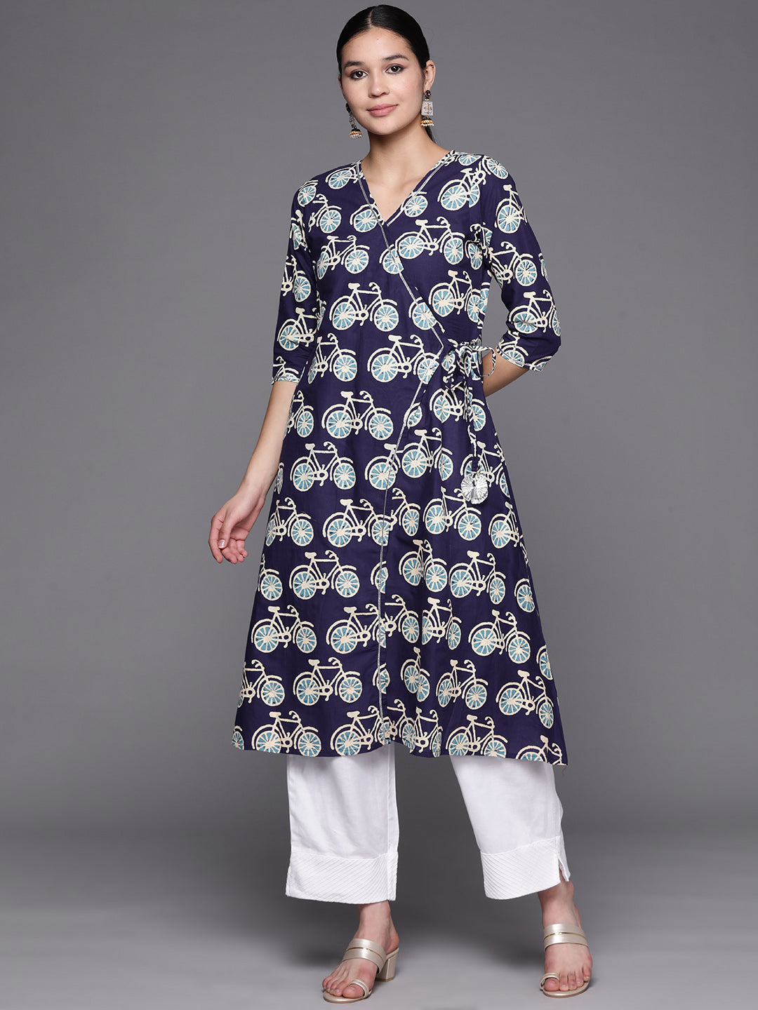 Cotton Angrakha Kurta: Navy & White Indian Kurtas for Women