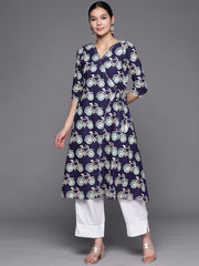 Navy Blue & Off White Pure Cotton Printed Angrakha Kurta-AHKUCOPG-873