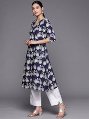Navy Blue & Off White Pure Cotton Printed Angrakha Kurta-AHKUCOPG-873