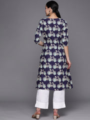 Navy Blue & Off White Pure Cotton Printed Angrakha Kurta-AHKUCOPG-873