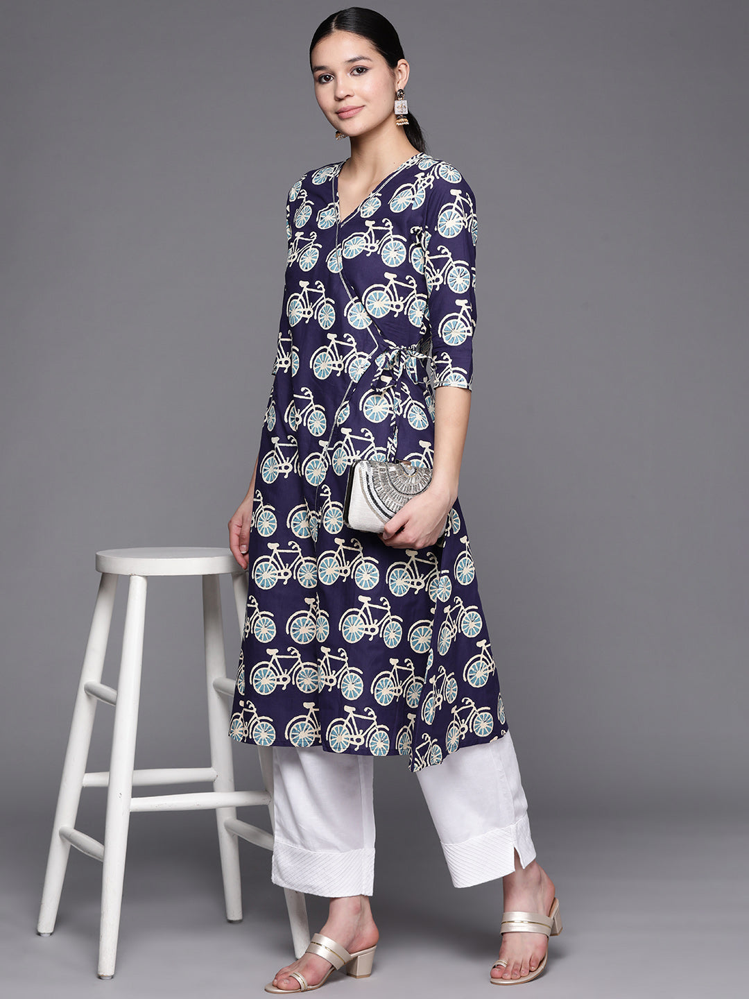 Cotton Angrakha Kurta: Navy & White Indian Kurtas for Women