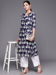 Navy Blue & Off White Pure Cotton Printed Angrakha Kurta-AHKUCOPG-873