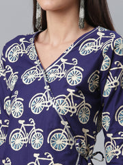 Navy Blue & Off White Pure Cotton Printed Angrakha Kurta-AHKUCOPG-873