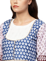 White and Blue Printed Flare Cotton Jacket Kurta For Women-AHKUCOWPDS-803
