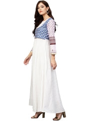 White and Blue Printed Flare Cotton Jacket Kurta For Women-AHKUCOWPDS-803