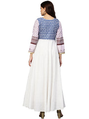 White and Blue Printed Flare Cotton Jacket Kurta For Women-AHKUCOWPDS-803