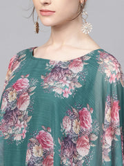 Green Double Layer Cape Style Ethnic Dress-AHKUCRCFDP-786