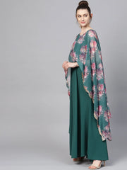 Green Double Layer Cape Style Ethnic Dress-AHKUCRCFDP-786