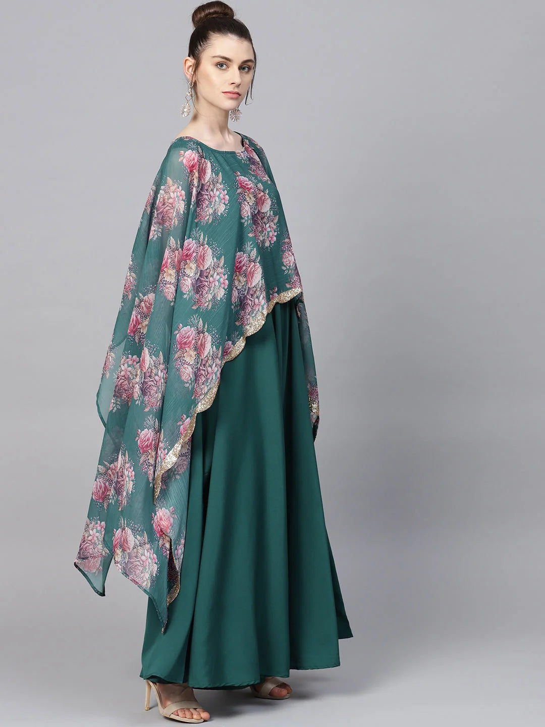 Green Cape Style Ethnic Dress Online | Indian Cotton Dresses