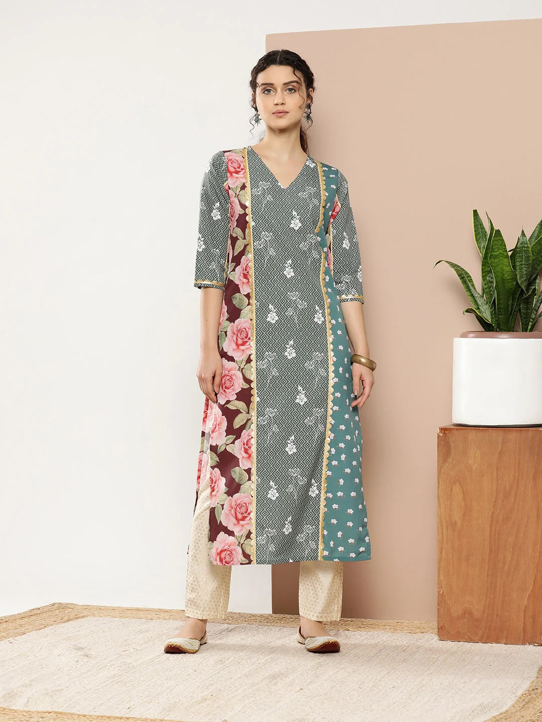 Green & Pink Floral Printed Gotta Patti Paneled Kurta-AHKUCRDP-1031