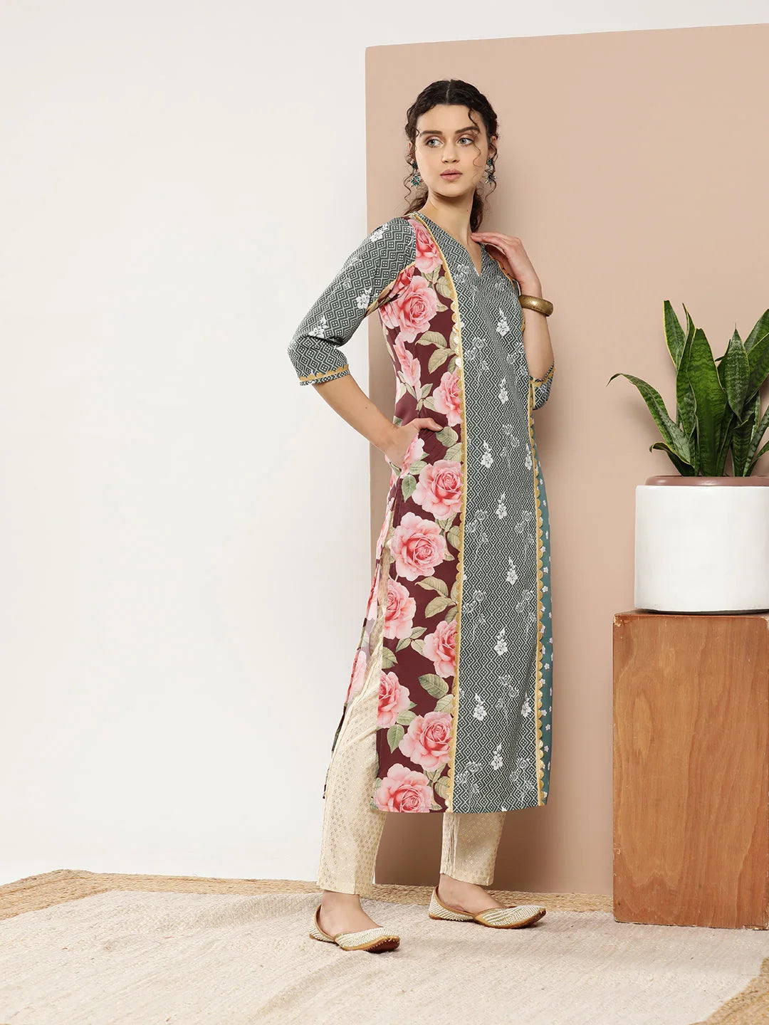 Floral Polyester Indian Kurta Ladies - Green & Pink