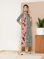 Green & Pink Floral Printed Gotta Patti Paneled Kurta-AHKUCRDP-1031