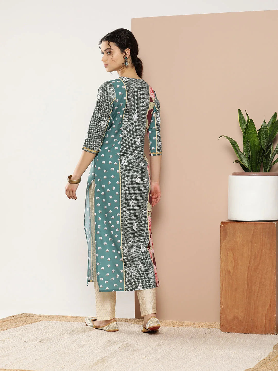 Floral Polyester Indian Kurta Ladies - Green & Pink
