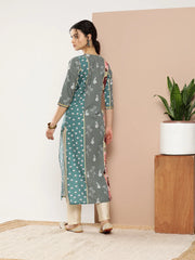 Green & Pink Floral Printed Gotta Patti Paneled Kurta-AHKUCRDP-1031