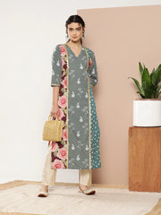 Green & Pink Floral Printed Gotta Patti Paneled Kurta-AHKUCRDP-1031