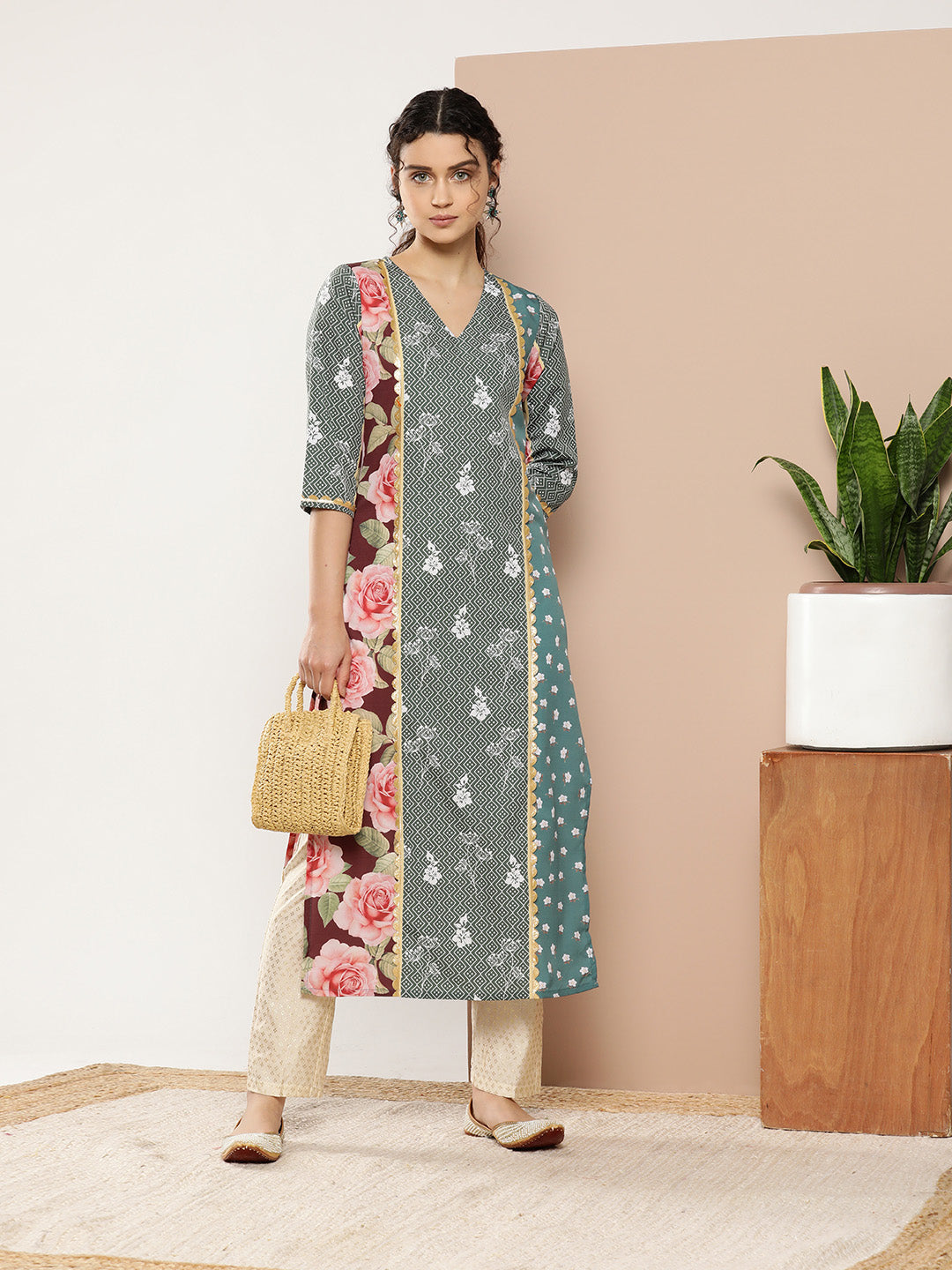 Floral Polyester Indian Kurta Ladies - Green & Pink