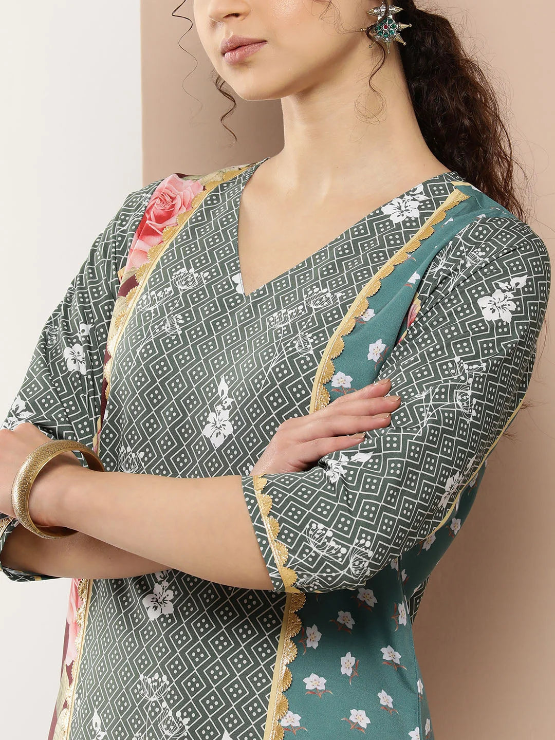 Floral Polyester Indian Kurta Ladies - Green & Pink