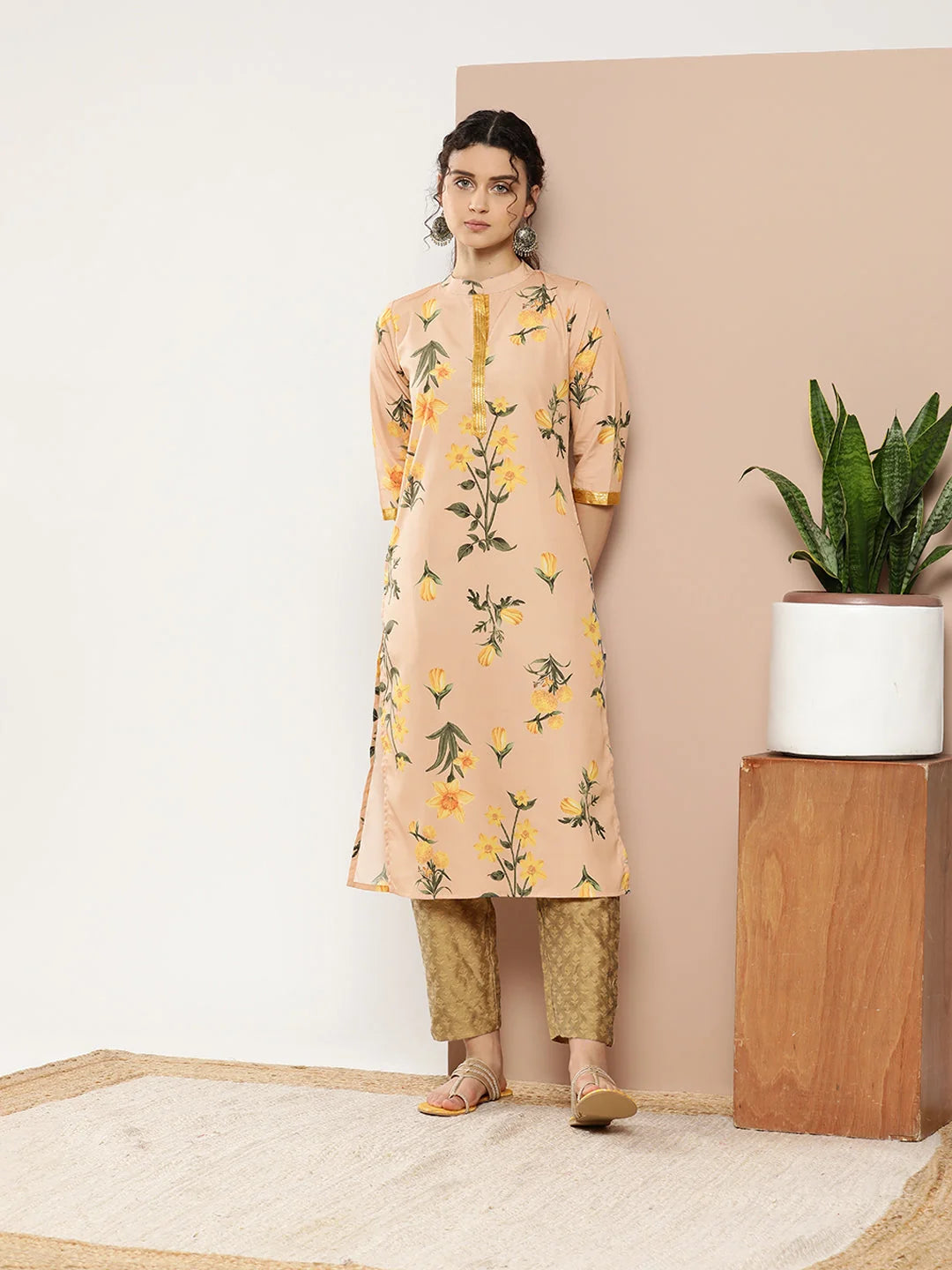 Tan & Yellow Floral Indian Kurta for Women | Gotta Patti