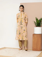 Women Tan & Yellow Floral Printed Floral Crepe Kurta-AHKUCRDP-1036-ICH