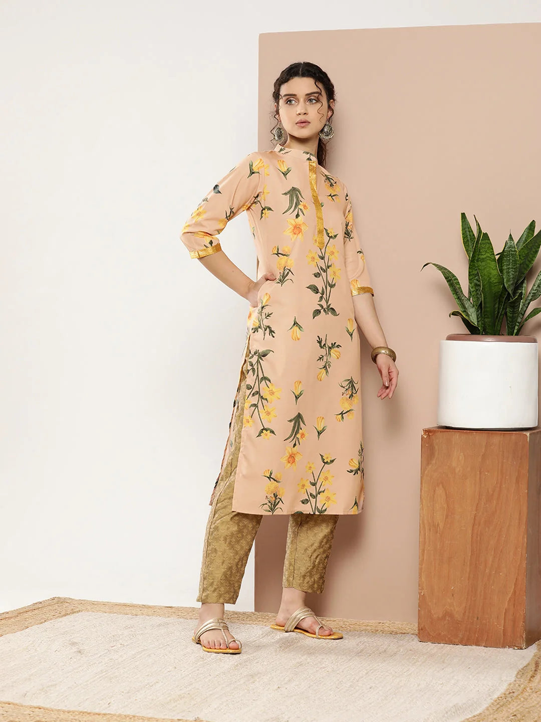 Tan & Yellow Floral Indian Kurta for Women | Gotta Patti